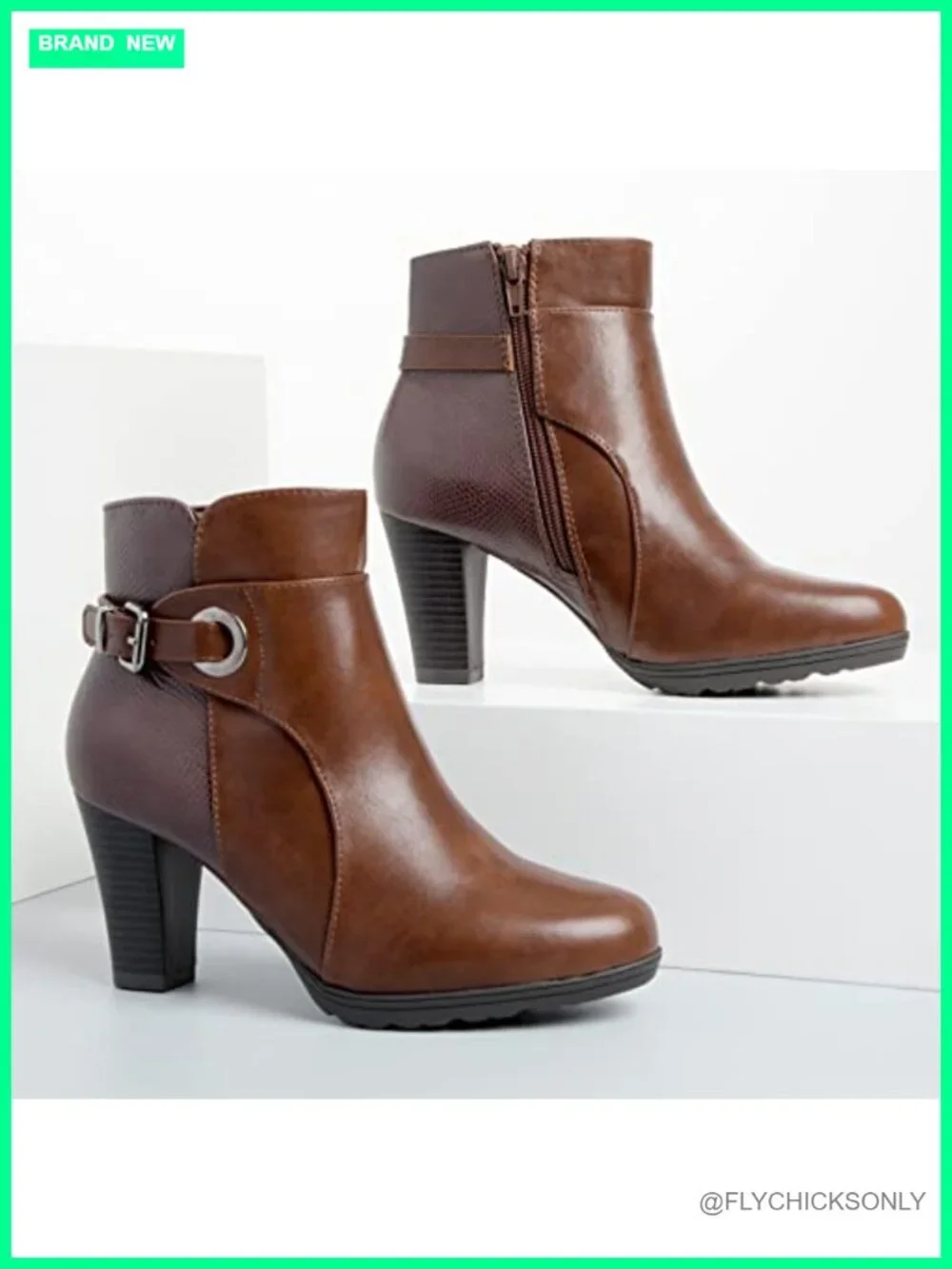 Women's Chunky Stacked Heel Ankle Boots Faux Leather Side Zipper Buckle Booties